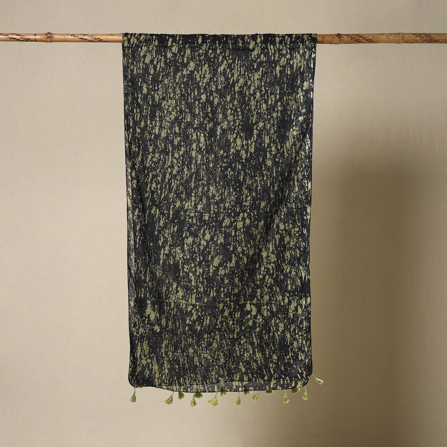 Buy Green Mul Cotton Hand Batik Print Stole with Tassels