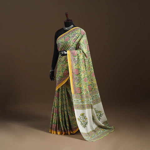 Green - mul cotton hand sanganeri saree 02 - handcrafted