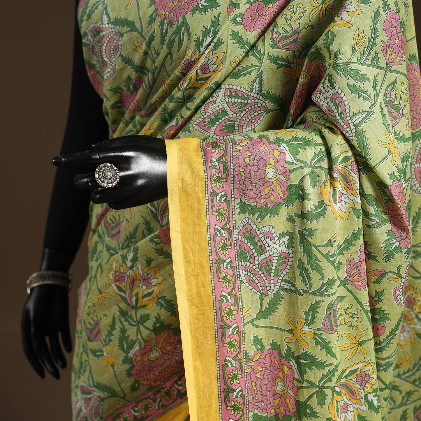 Green - mul cotton hand sanganeri saree 02 - handcrafted