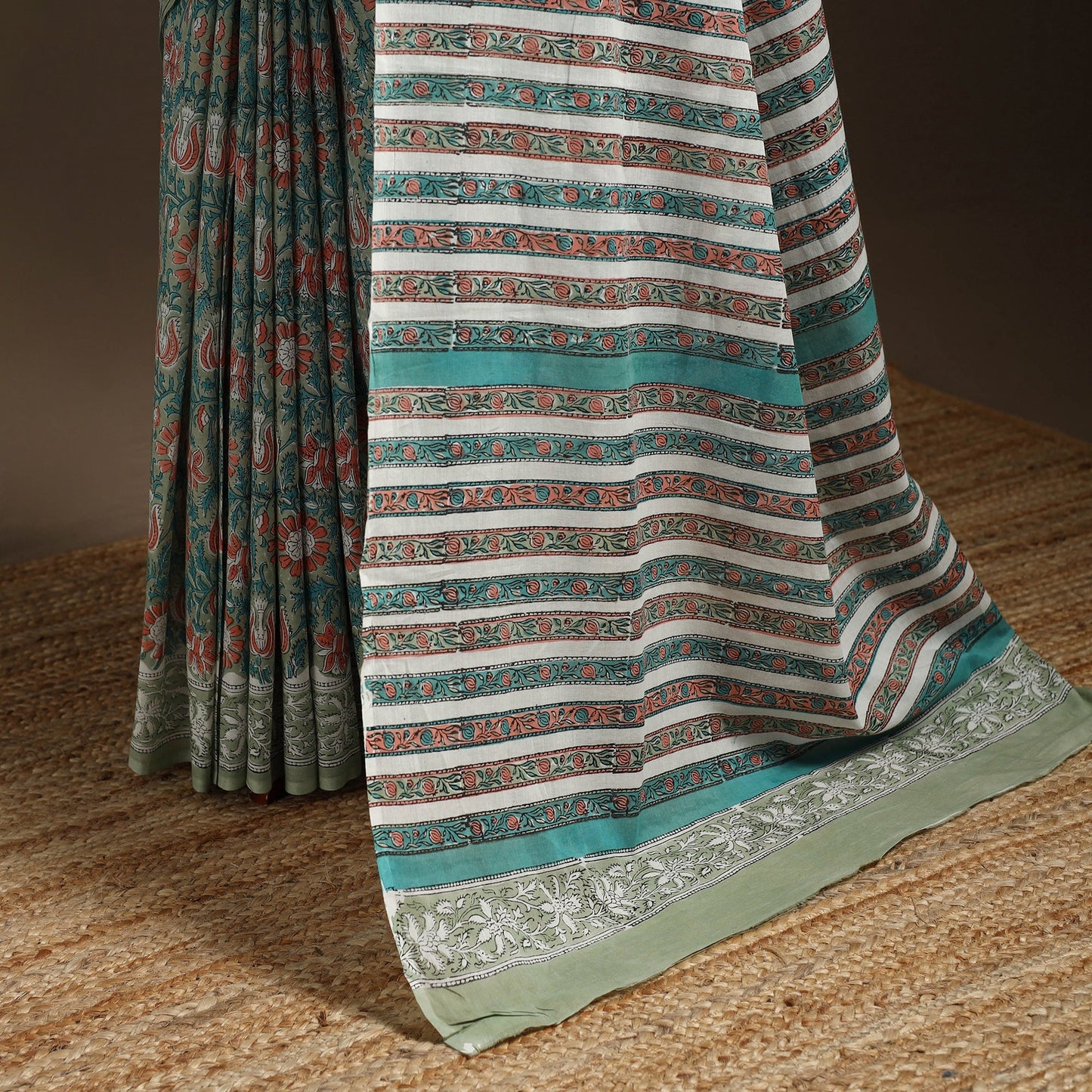 Green - mul cotton sanganeri saree 08 - handcrafted