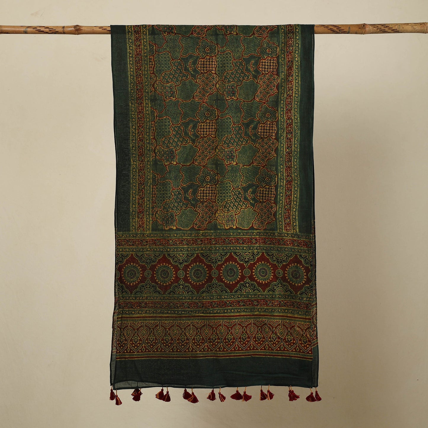 Green Block Print Mul Cotton Ajrakh Stole With Tassels