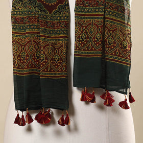 Green Block Print Mul Cotton Ajrakh Stole With Tassels