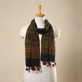 Green Block Print Mul Cotton Ajrakh Stole With Tassels