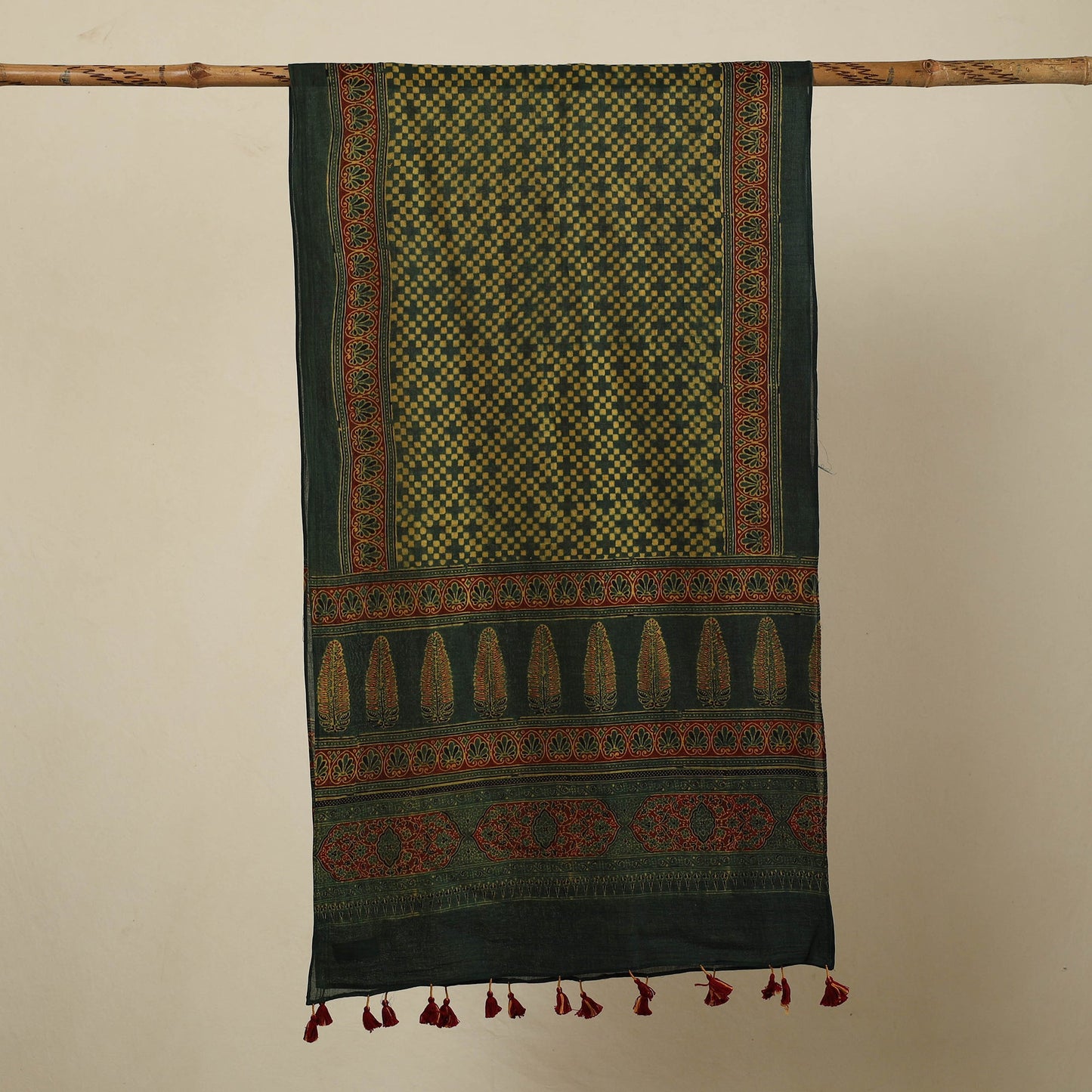 Green Block Print Mul Cotton Ajrakh Stole With Tassels