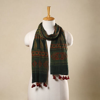 Green Block Print Mul Cotton Ajrakh Stole With Tassels
