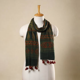 Green Block Print Mul Cotton Ajrakh Stole With Tassels