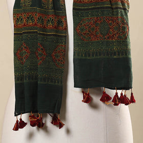 Green Block Print Mul Cotton Ajrakh Stole With Tassels