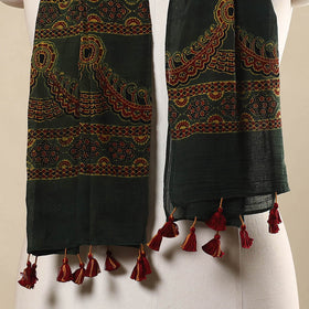 Green - Block Print Mul Cotton Ajrakh Stole With Tassels 23