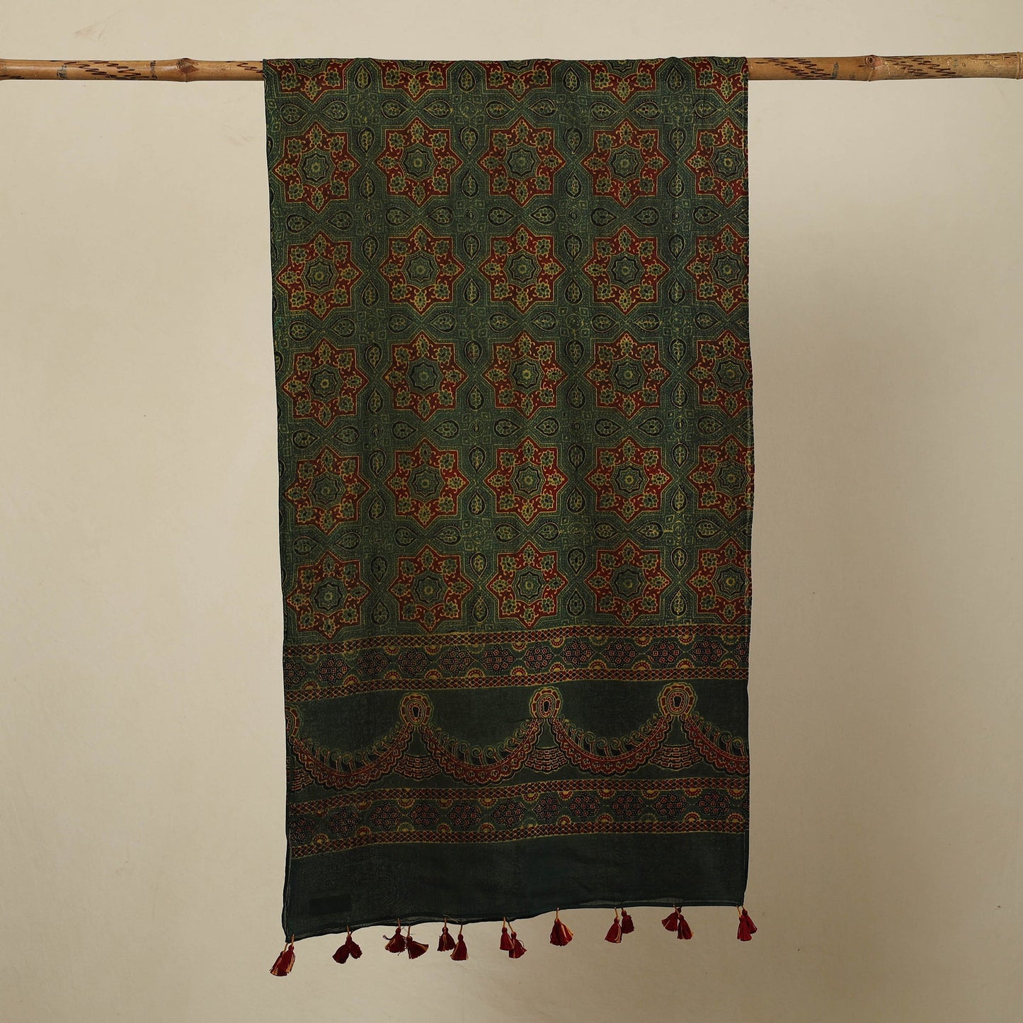 Green - Block Print Mul Cotton Ajrakh Stole With Tassels 23