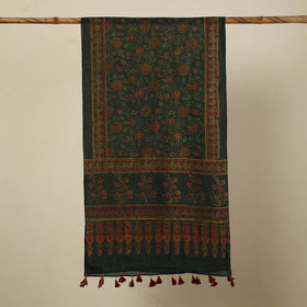 Green Block Print Mul Cotton Ajrakh Stole With Tassels
