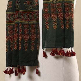 Green Block Print Mul Cotton Ajrakh Stole With Tassels