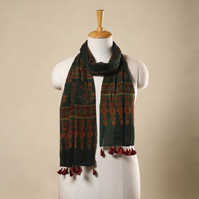 Green Block Print Mul Cotton Ajrakh Stole With Tassels
