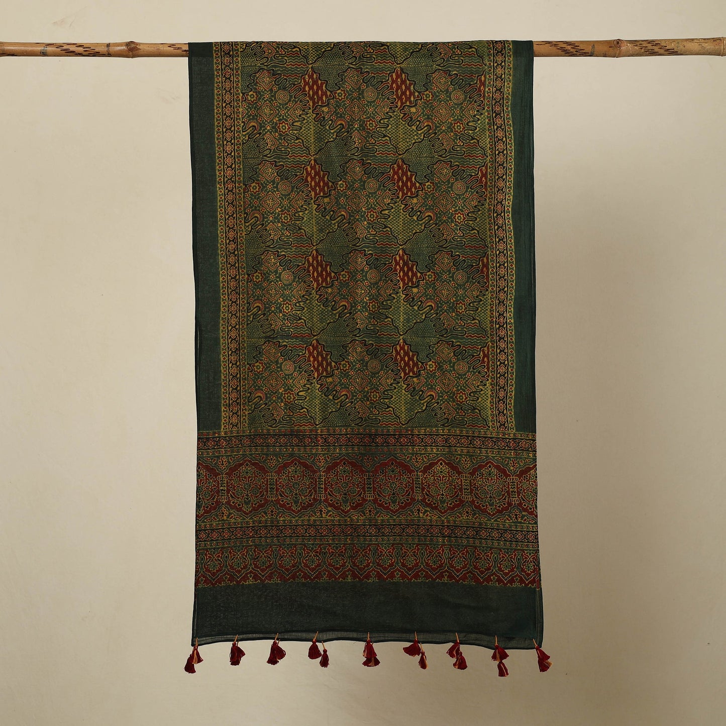 Green - Block Print Mul Cotton Ajrakh Stole With Tassels 26