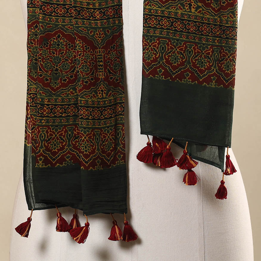 Green - Block Print Mul Cotton Ajrakh Stole With Tassels 26