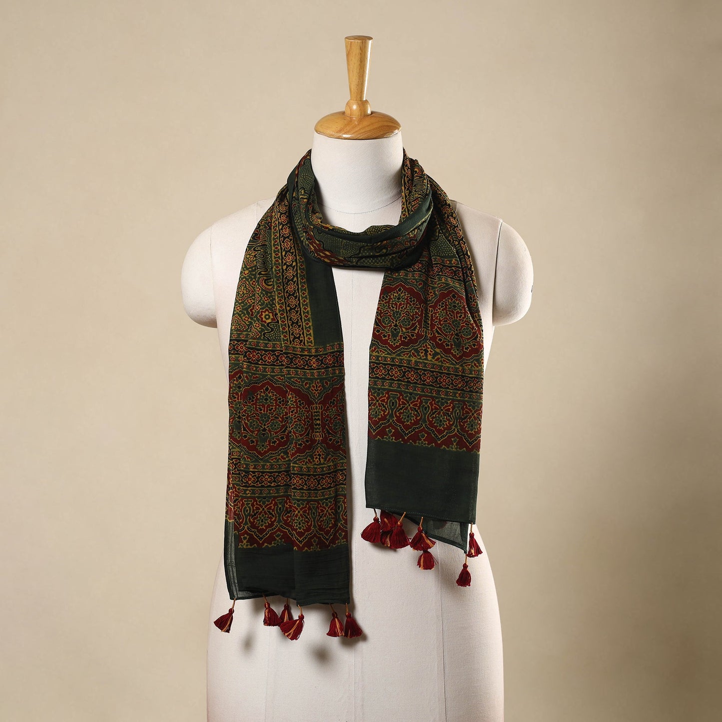 Green - Block Print Mul Cotton Ajrakh Stole With Tassels 26