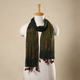 Green Block Print Mul Cotton Ajrakh Stole With Tassels