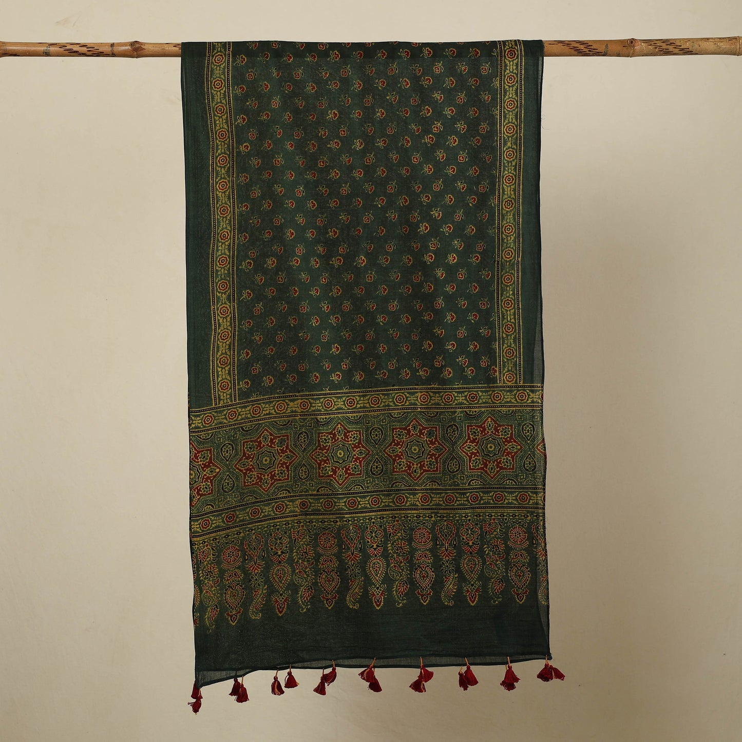 Green Block Print Mul Cotton Ajrakh Stole With Tassels