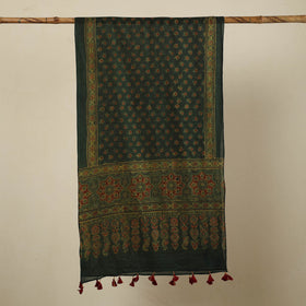 Green Block Print Mul Cotton Ajrakh Stole With Tassels