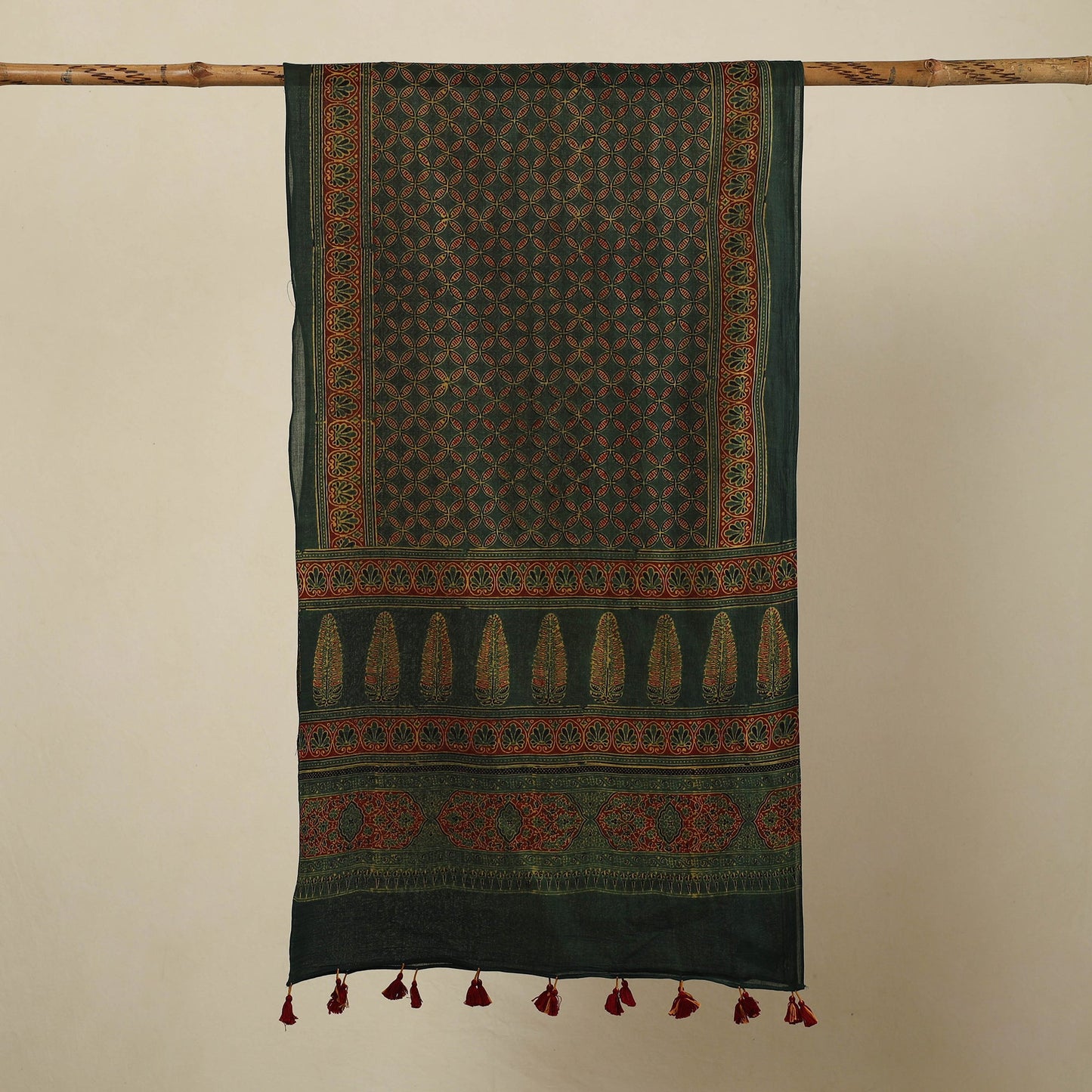 Green Block Print Mul Cotton Ajrakh Stole With Tassels