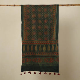 Green Block Print Mul Cotton Ajrakh Stole With Tassels