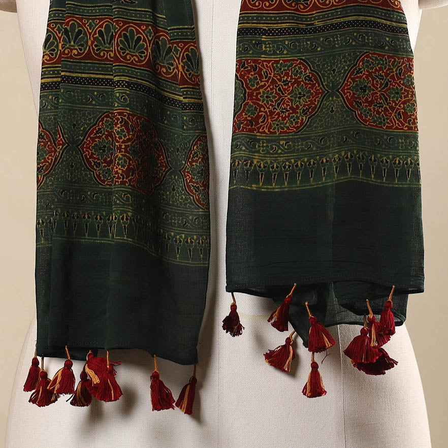 Green Block Print Mul Cotton Ajrakh Stole With Tassels