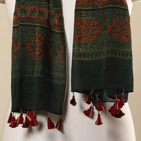 Green Block Print Mul Cotton Ajrakh Stole With Tassels