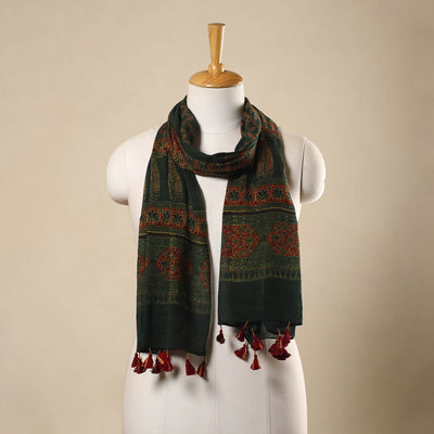 Green Block Print Mul Cotton Ajrakh Stole With Tassels
