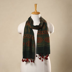 Green Block Print Mul Cotton Ajrakh Stole With Tassels