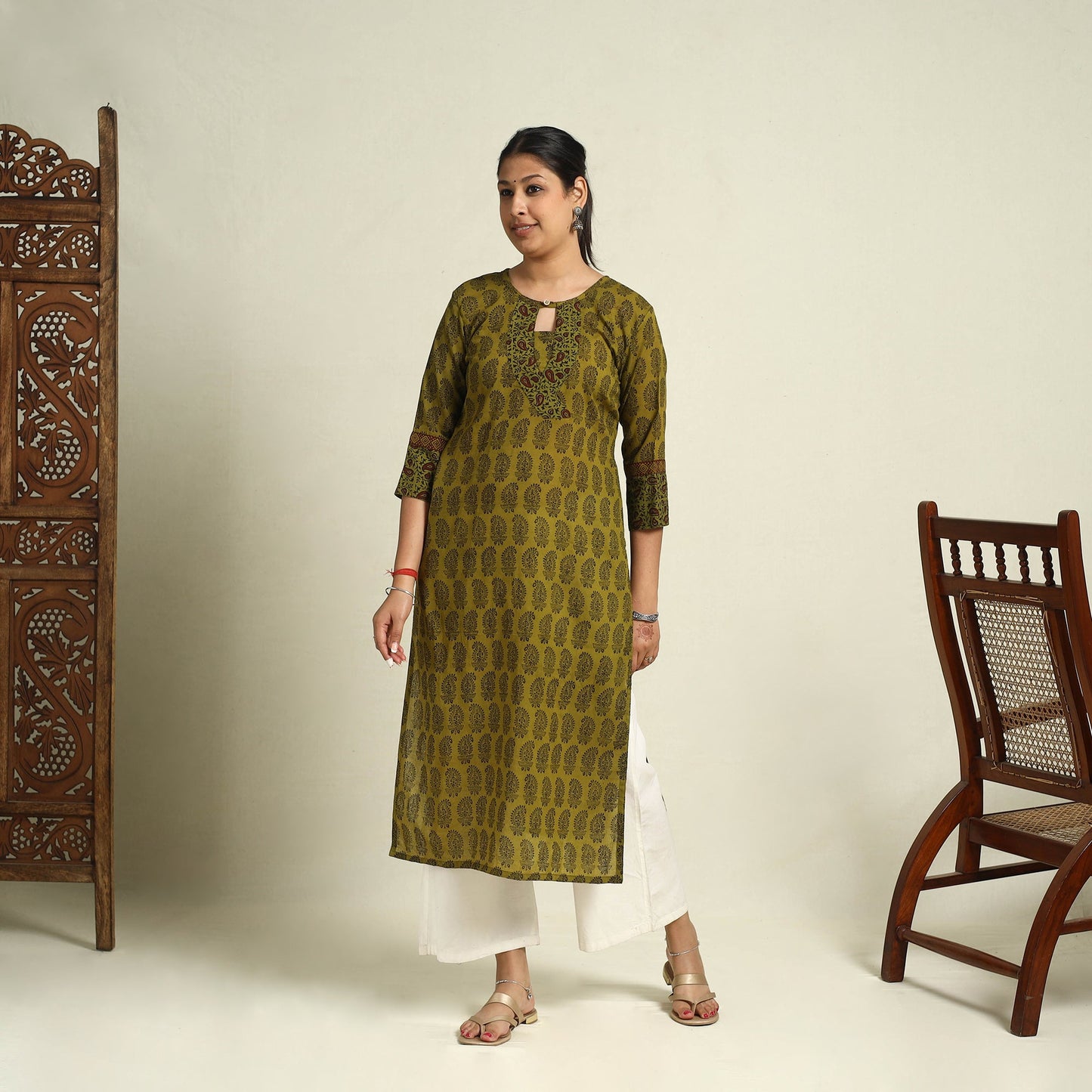 Buy Green Block Print Mul Cotton Straight Bagh Kurta for Women