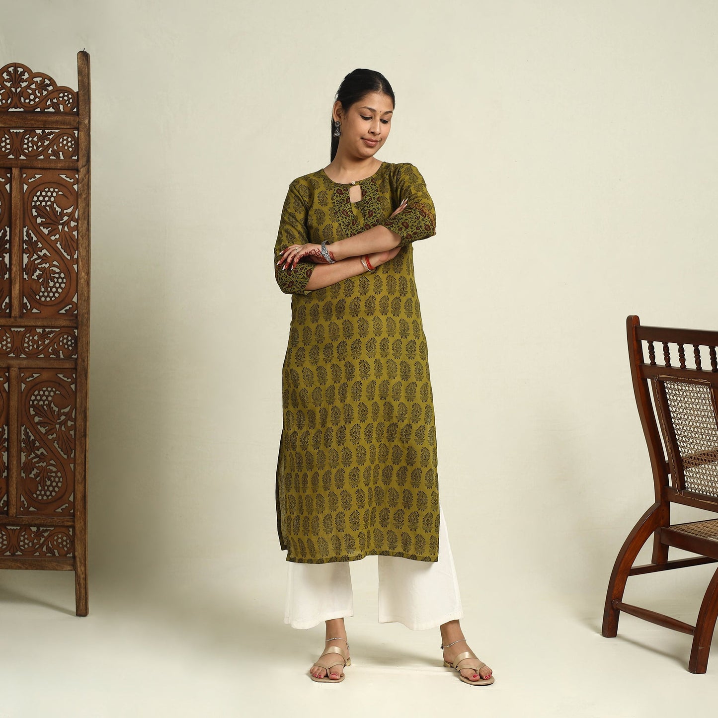 Buy Green Block Print Mul Cotton Straight Bagh Kurta for Women