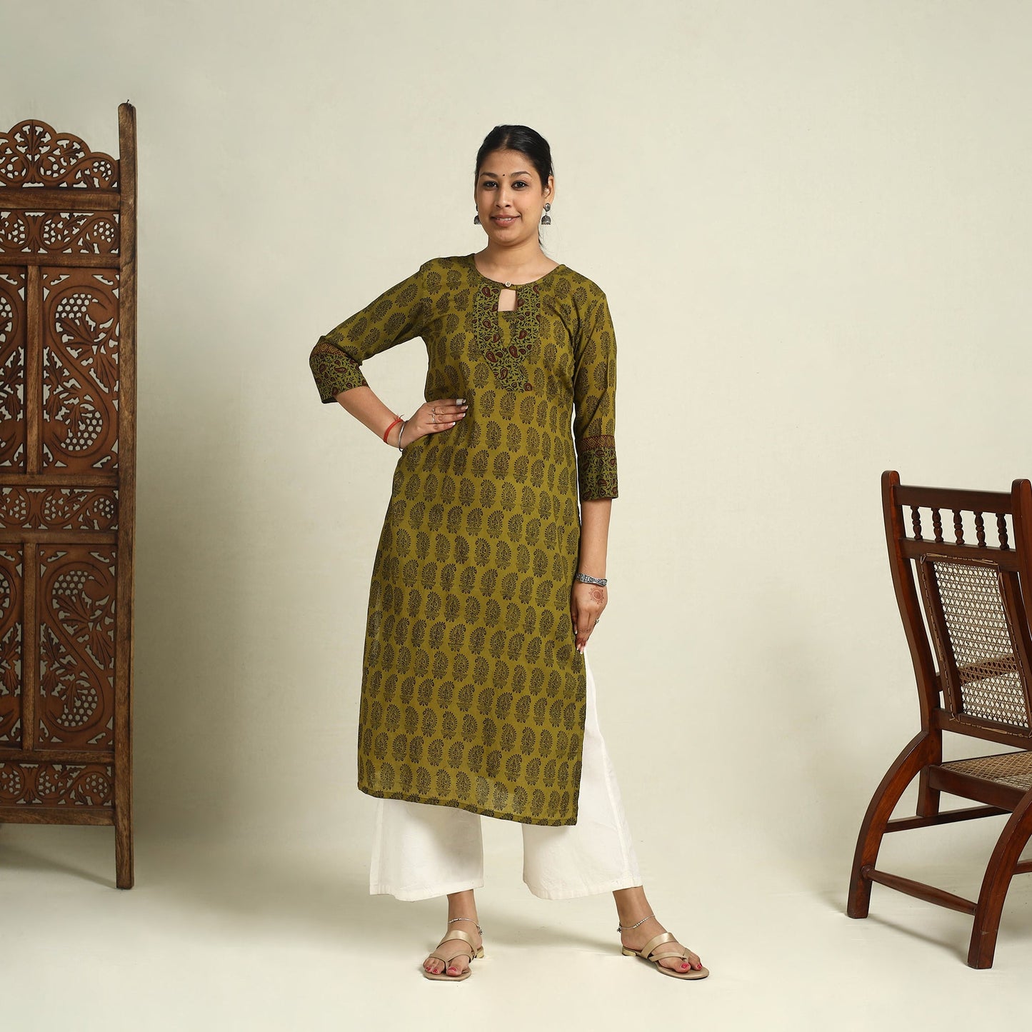 Buy Green Block Print Mul Cotton Straight Bagh Kurta for Women
