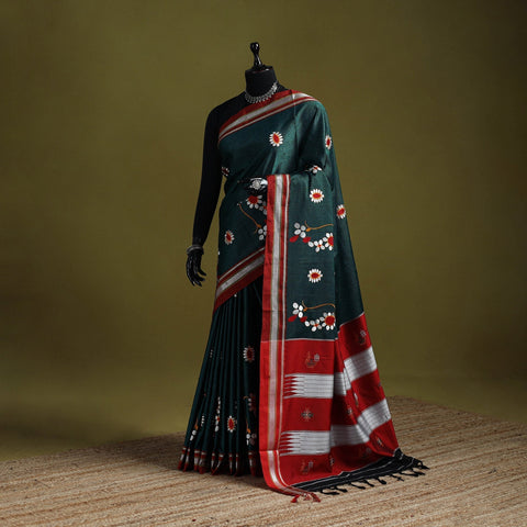 Nath work silk cotton khun saree 02 - handcrafted