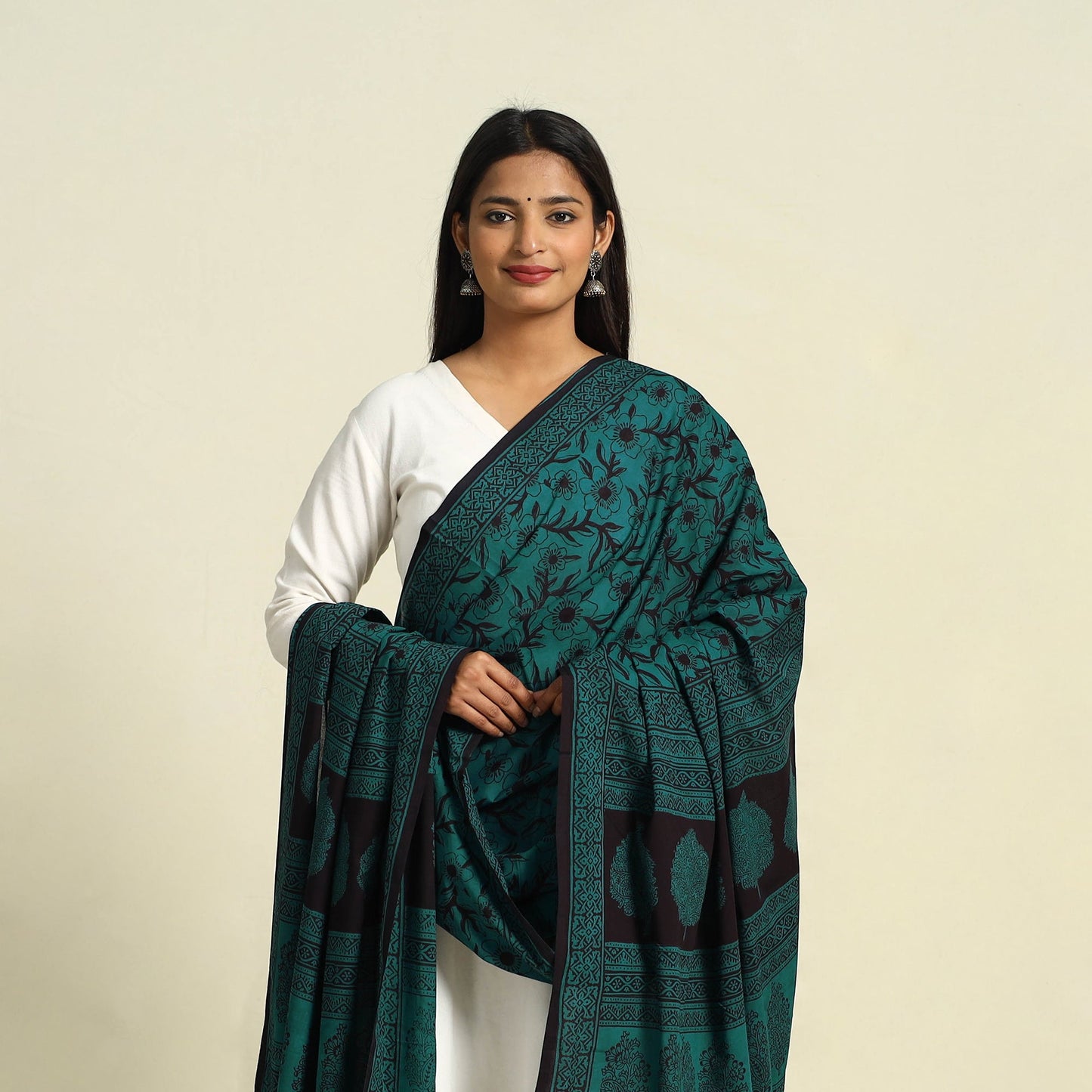  Green Natural Dye Mul Cotton Bagh Print Dupatta