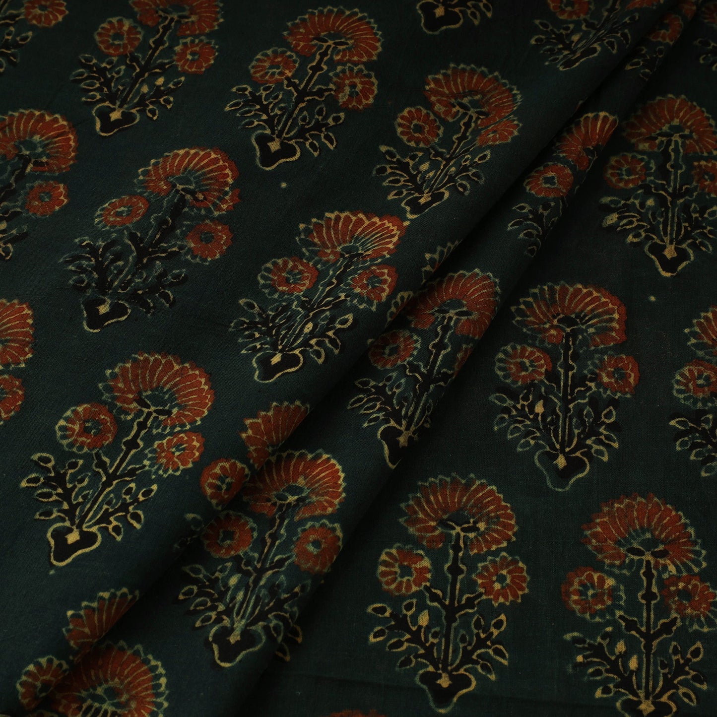Green Natural Dyed 3 Kaam Block Print Cotton Ajrakh Fabric