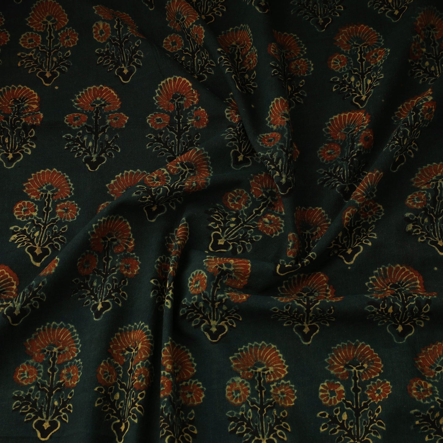 Green Natural Dyed 3 Kaam Block Print Cotton Ajrakh Fabric