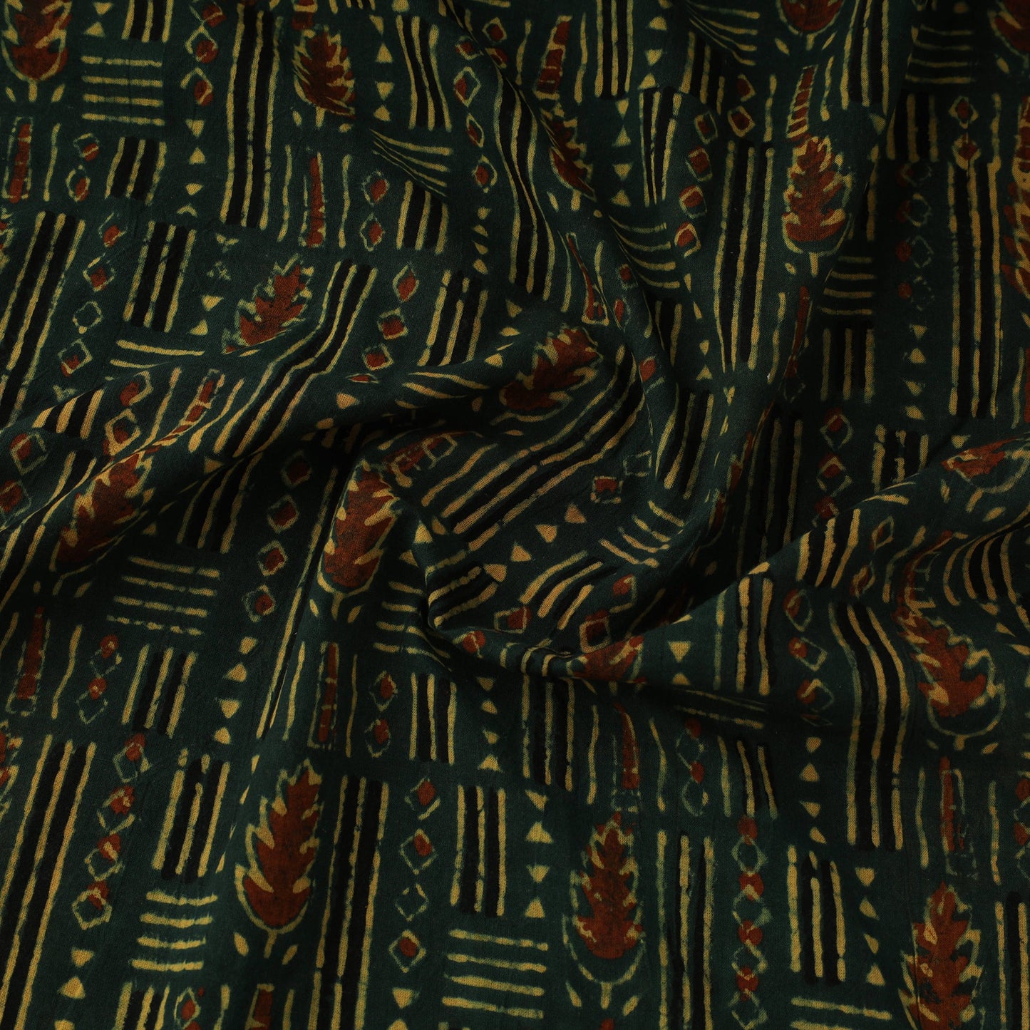 Green Natural Dyed 3 Kaam Block Print Cotton Ajrakh Fabric