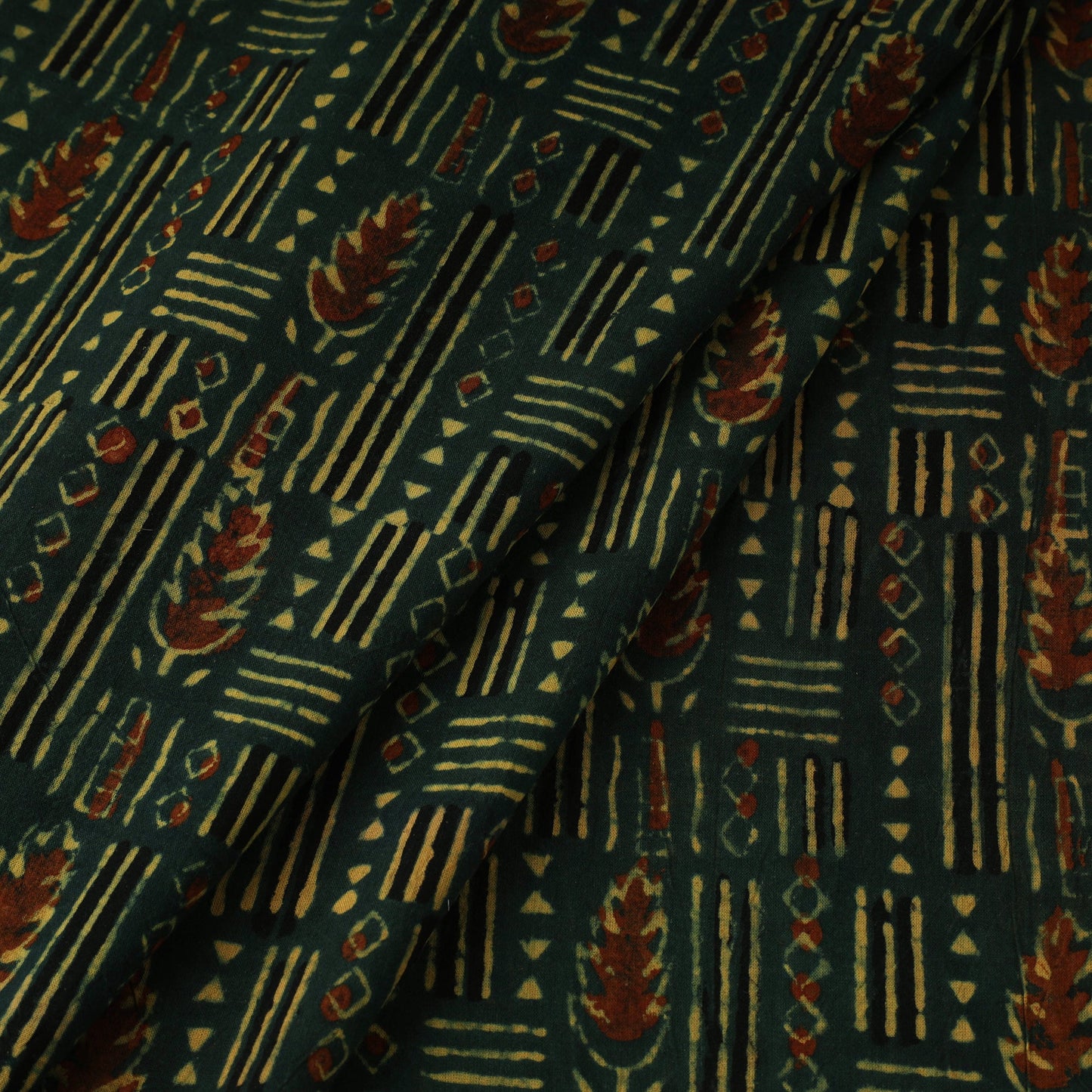 Green Natural Dyed 3 Kaam Block Print Cotton Ajrakh Fabric