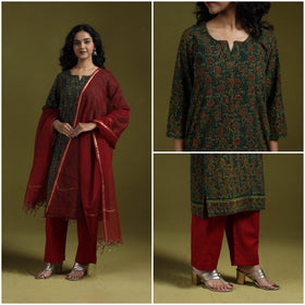 Natural dyed ajrakh hand block print cotton suit set
