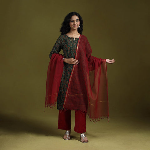 Natural dyed ajrakh hand block print cotton suit set