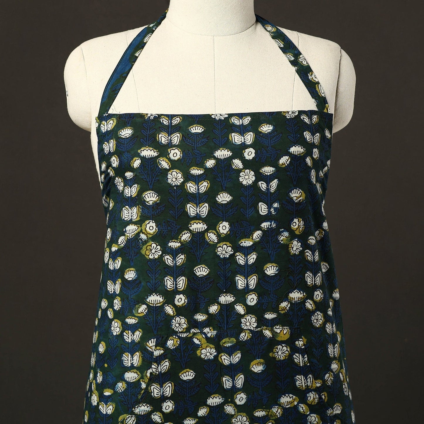 Green - bagru cotton apron with pocket 15 - handcrafted