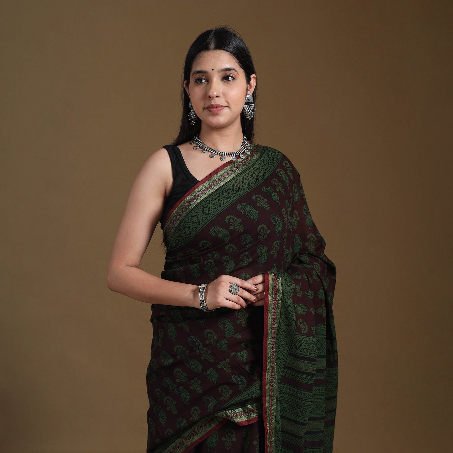 Green Block Print Natural Dyed Cotton Bagh Saree