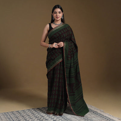 Green Block Print Natural Dyed Cotton Bagh Saree
