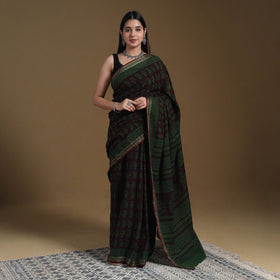 Green Block Print Natural Dyed Cotton Bagh Saree