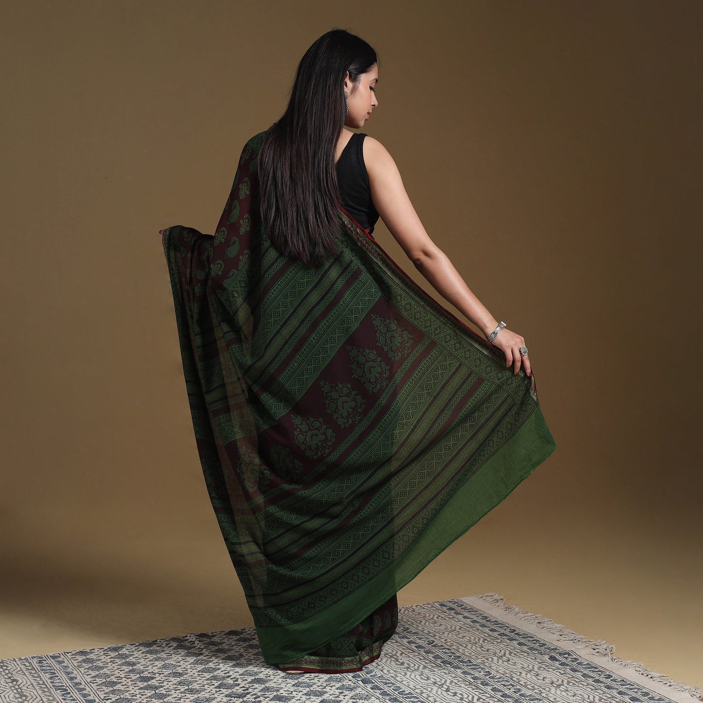 Green Block Print Natural Dyed Cotton Bagh Saree