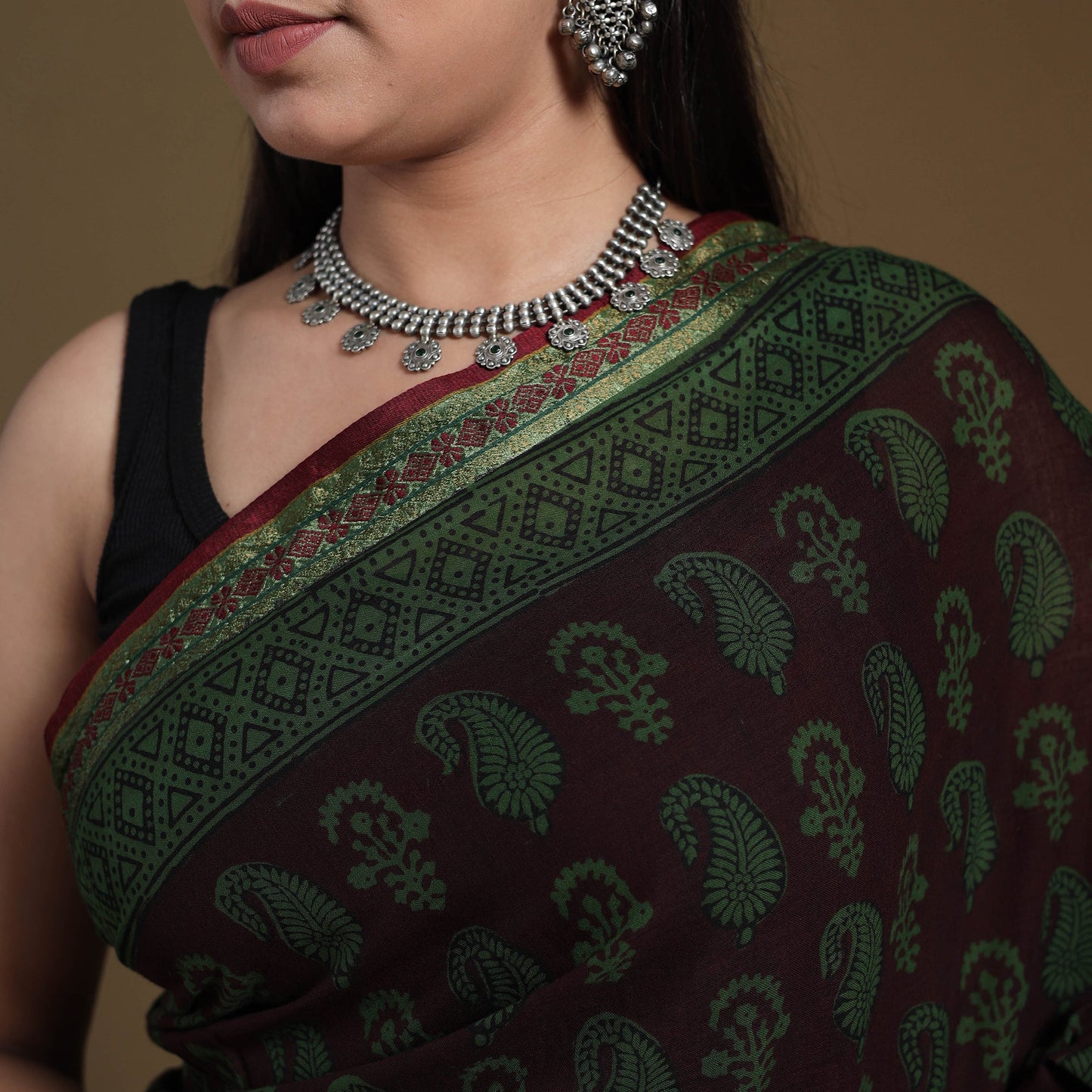 Green Block Print Natural Dyed Cotton Bagh Saree