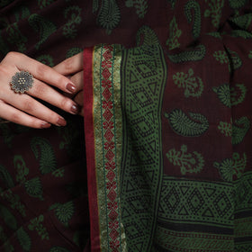 Green Block Print Natural Dyed Cotton Bagh Saree