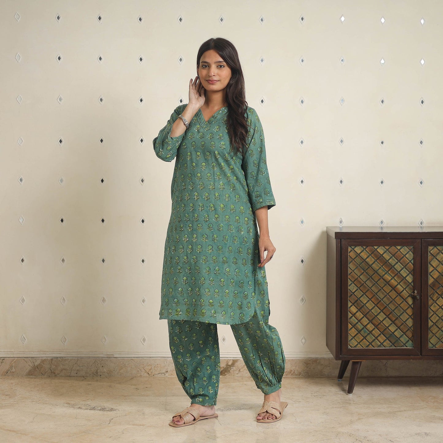 Green - natural dyed cotton bagru dabu co-ord set 01