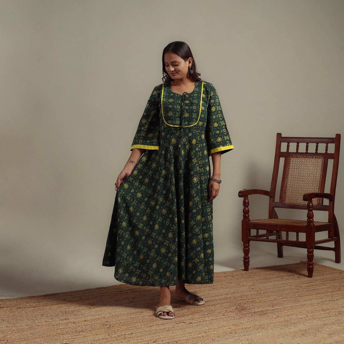 Natural dyed cotton flared dress 11 - handcrafted