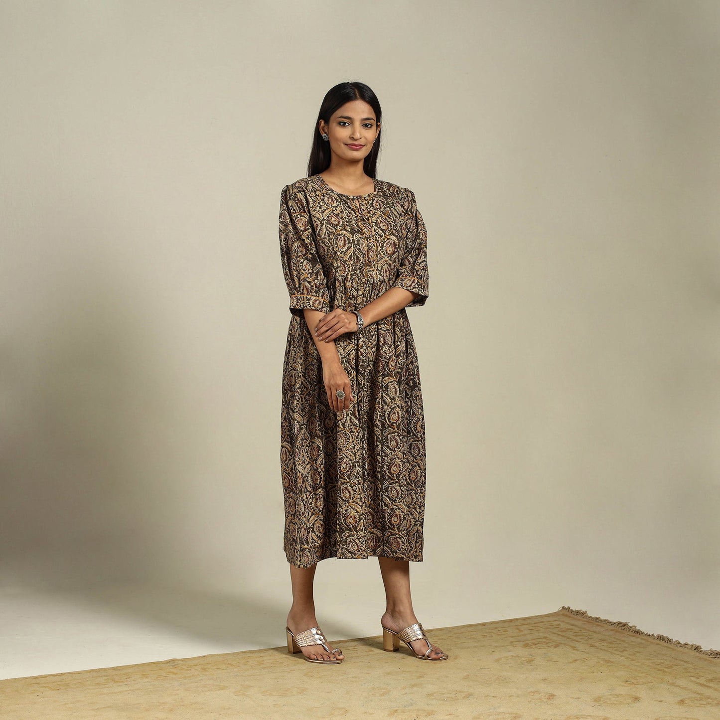 Green Block Print Natural Dyed Cotton Flared Kalamkari Dress