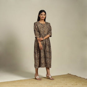 Green Block Print Natural Dyed Cotton Flared Kalamkari Dress